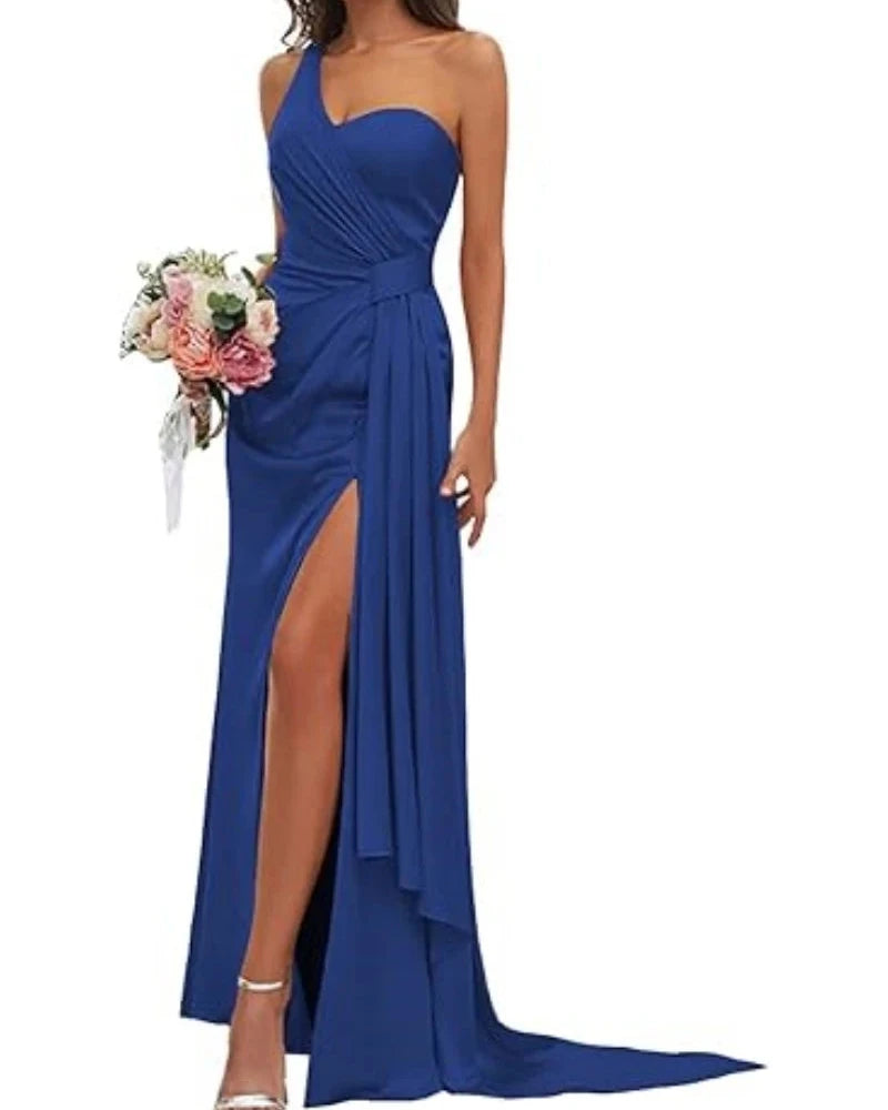 Blue satin mermaid bridesmaid gown with V-neck bodice and high front slit