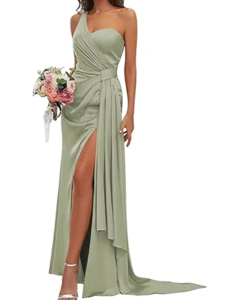 Sage green satin mermaid bridesmaid gown with V-neck bodice and high front slit