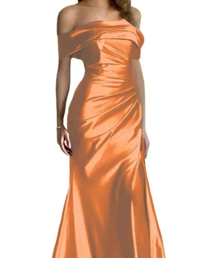 Orange off-shoulder satin mermaid formal dress with wrapped bodice and long fitted skirt