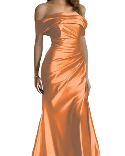 Orange off-shoulder satin mermaid formal dress with wrapped bodice and long fitted skirt