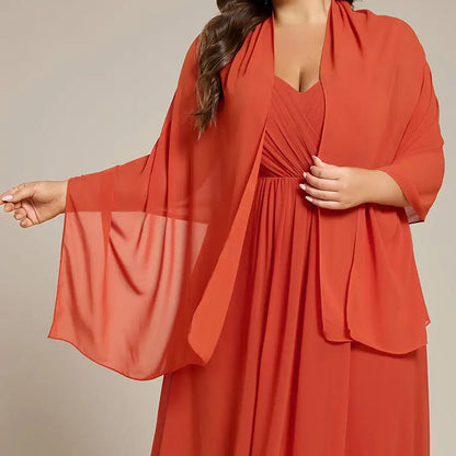Chiffon shoulder wrap evening shawl in burnt orange with flowing draped sleeves