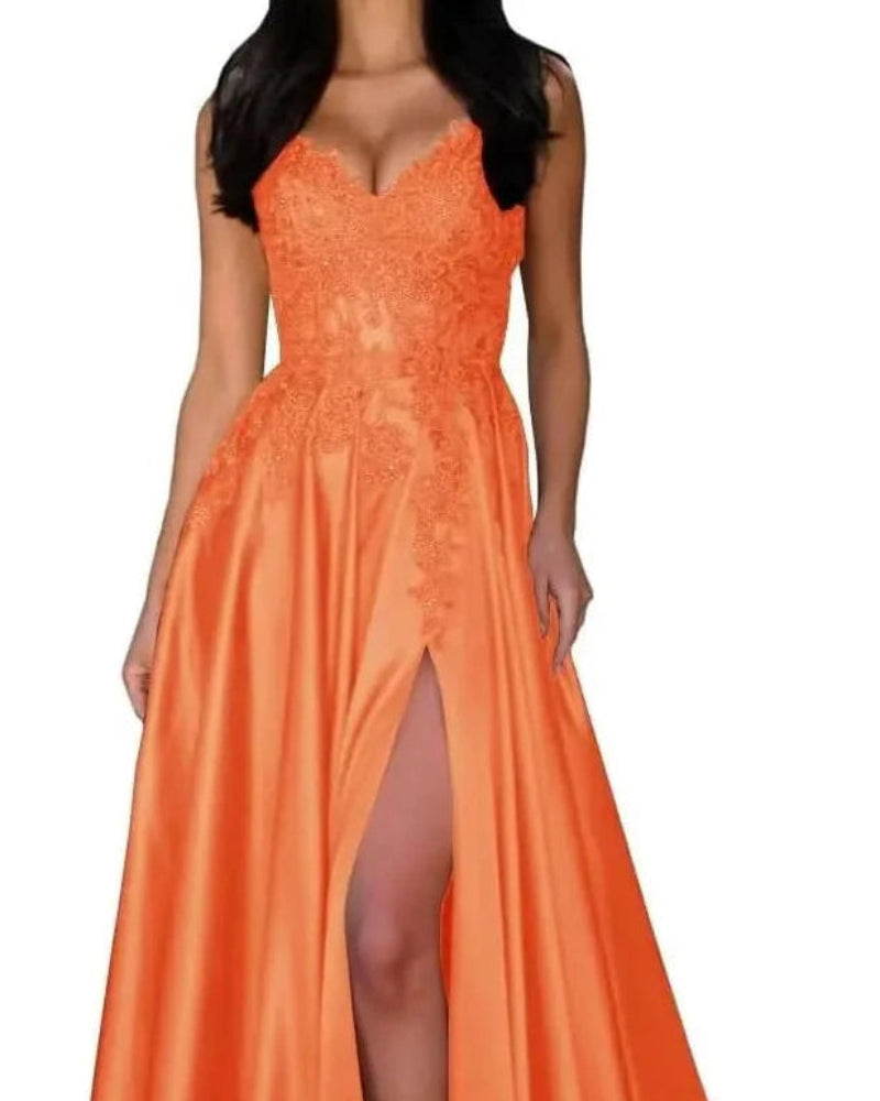 Satin A-line evening dress with lace V-neck and spaghetti straps, front slit, orange