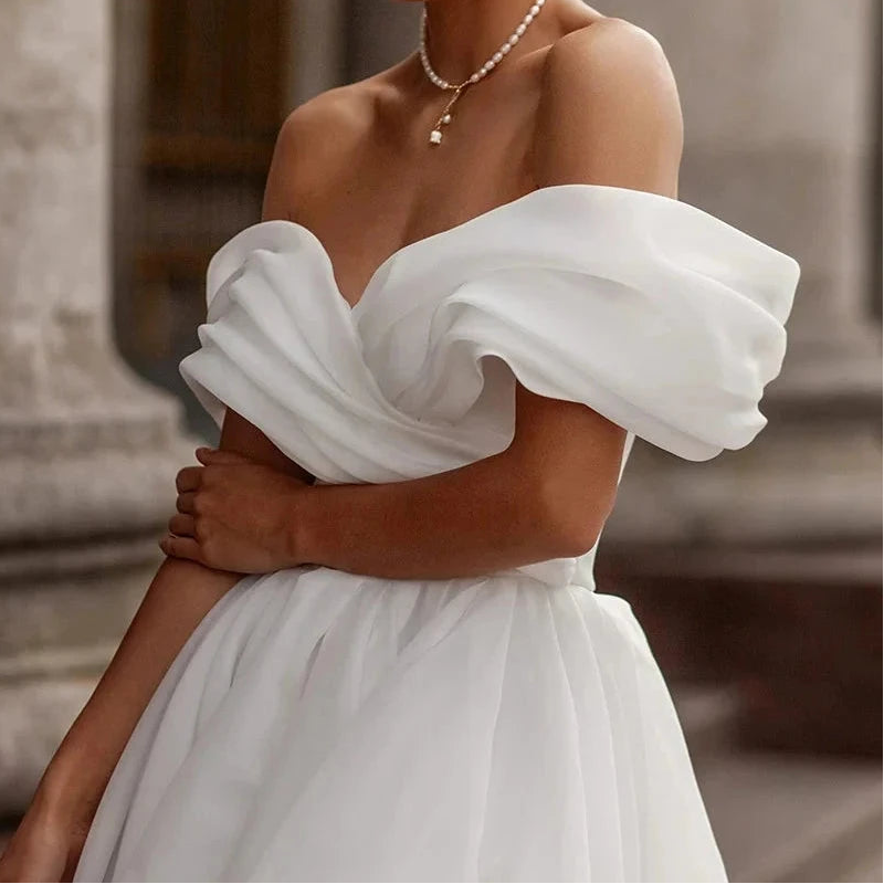 White off-shoulder corset bridal bodice with ruffled sweetheart neckline
