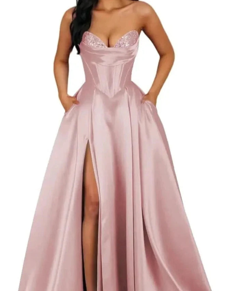 Champagne strapless A-line satin dress with sequin bust and thigh-high slit