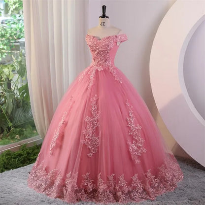 Off-shoulder lace ball gown with off-shoulder sleeves and full skirt, rose-pink.