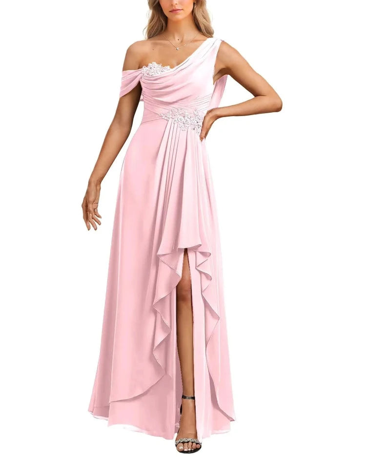 Pink chiffon one-shoulder A-line dress with jeweled drape bodice and cascading ruffle skirt