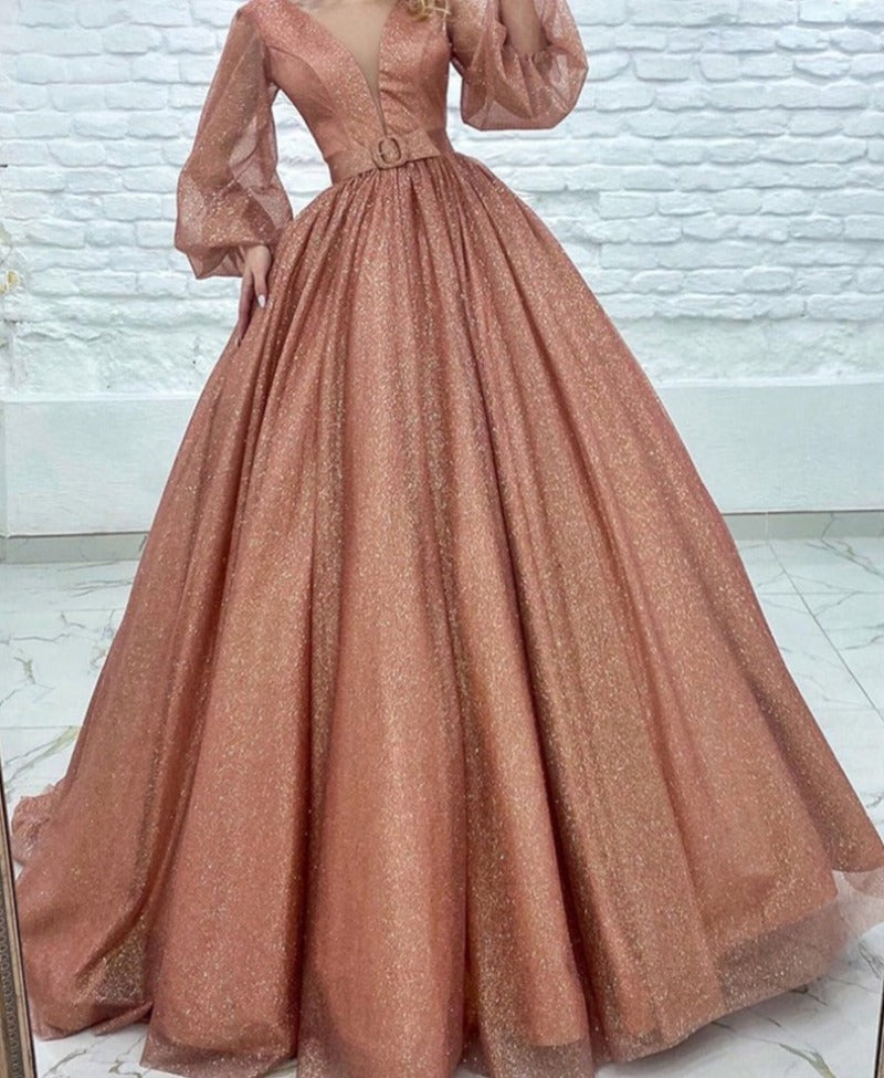 Pink Glitter Puff Sleeves Backless Evening Formal Gown