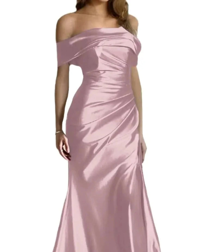 Purple satin mermaid off-shoulder formal dress with ruched bodice and fitted skirt
