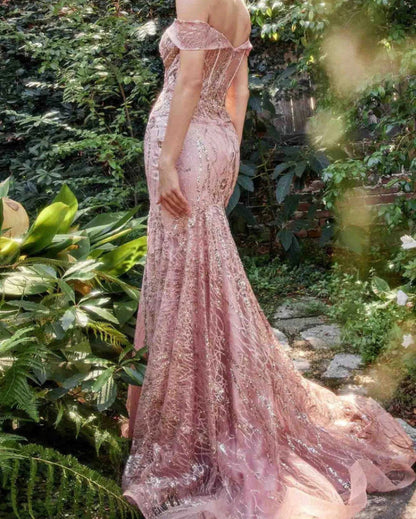 Pink off-shoulder sequin mermaid gown with flared skirt