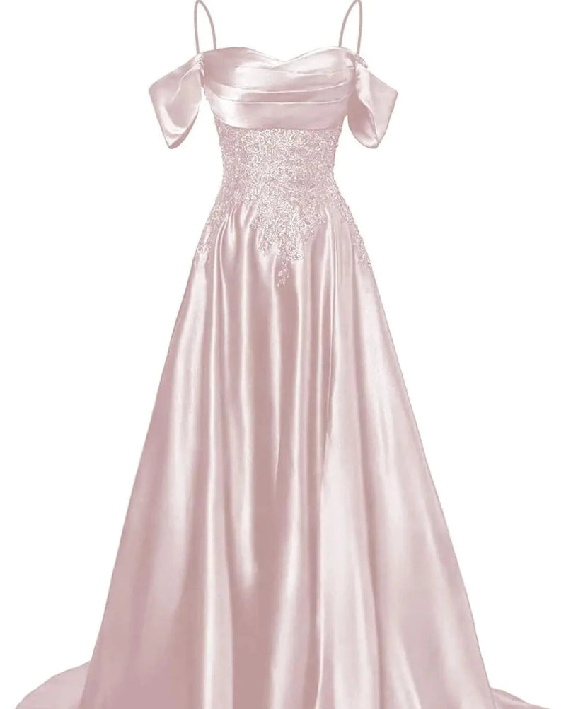 Champagne satin A-line floor-length dress with beaded bodice and thin spaghetti straps