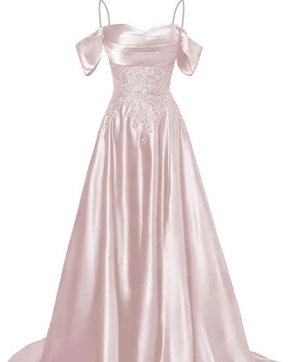 Champagne satin A-line floor-length dress with beaded bodice and thin spaghetti straps