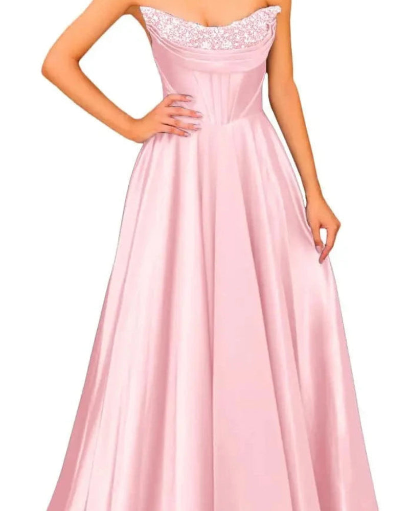 Blush pink strapless satin A-line evening gown with beaded sweetheart neckline