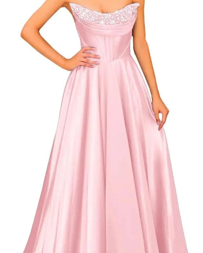 Blush pink strapless satin A-line evening gown with beaded sweetheart neckline