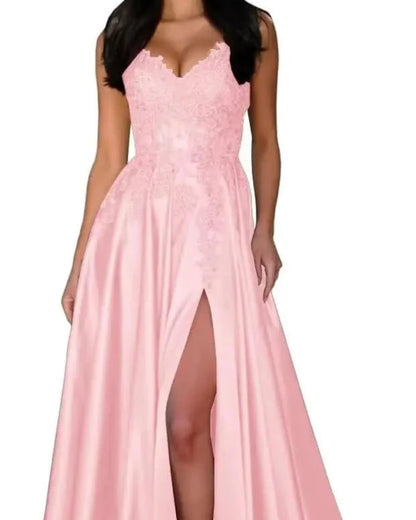 Blush satin evening dress with lace V-neck, spaghetti straps, A-line skirt, front slit