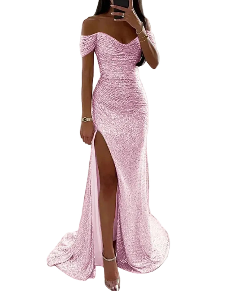 Off-shoulder sequin mermaid formal dress, sweetheart neckline, front slit; pale pink.