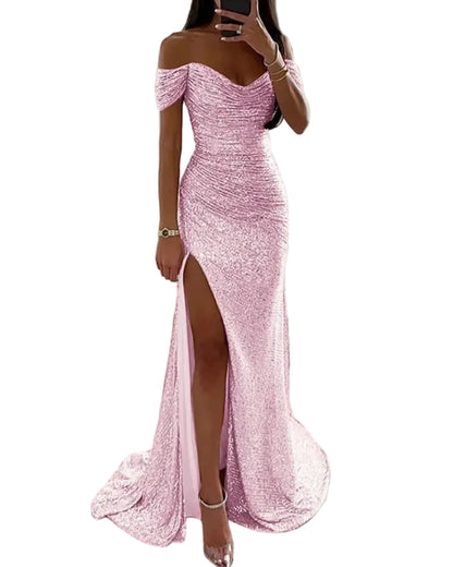 Off-shoulder sequin mermaid formal dress, sweetheart neckline, front slit; pale pink.