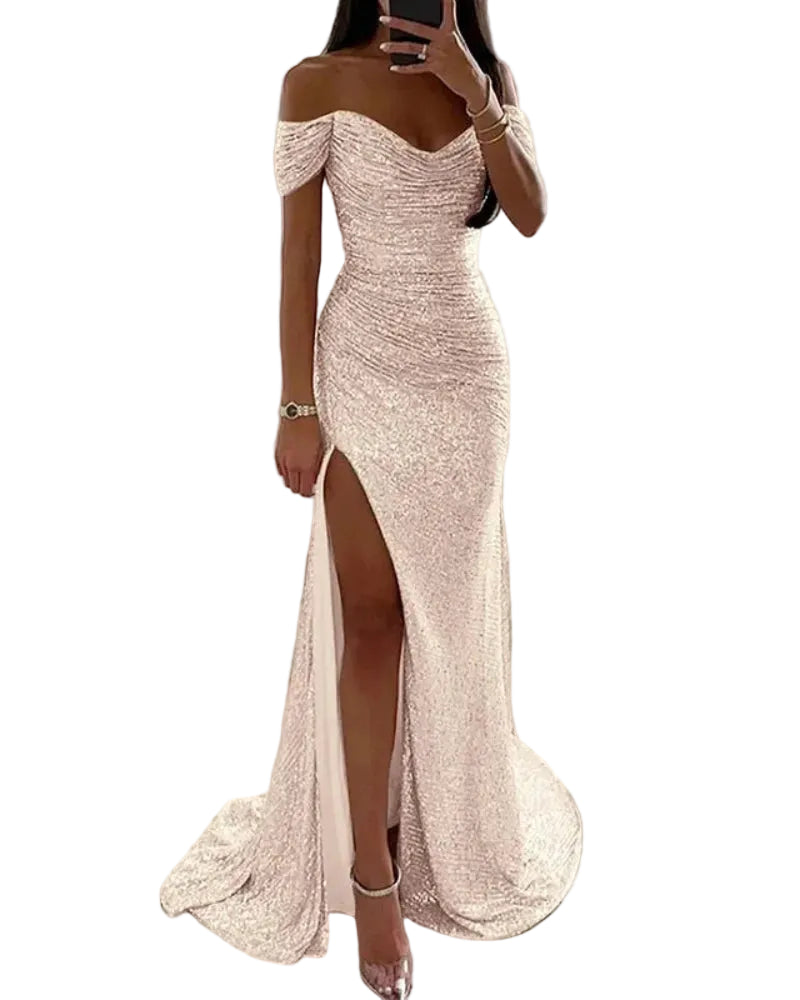 Off-shoulder sequin mermaid formal dress, sweetheart neckline, front slit; champagne.