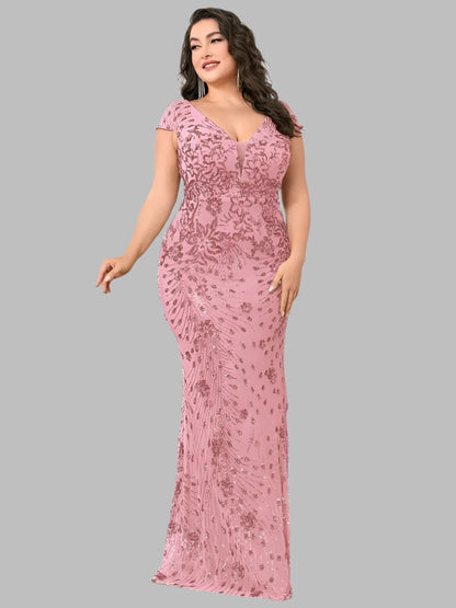 Pink floor length sequin evening dress with short cap sleeves and a v-neckline