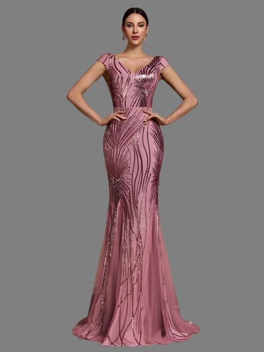 Pink mermaid design all over sequinned sleeveless formal evening gown