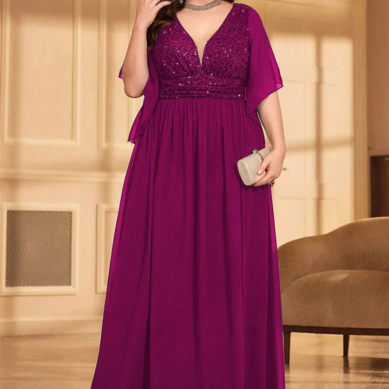 Plus size chiffon V-neck sequin evening dress in burgundy, flutter sleeves, pleated skirt