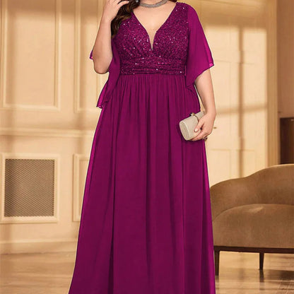 Plus size chiffon V-neck sequin evening dress in burgundy, flutter sleeves, pleated skirt