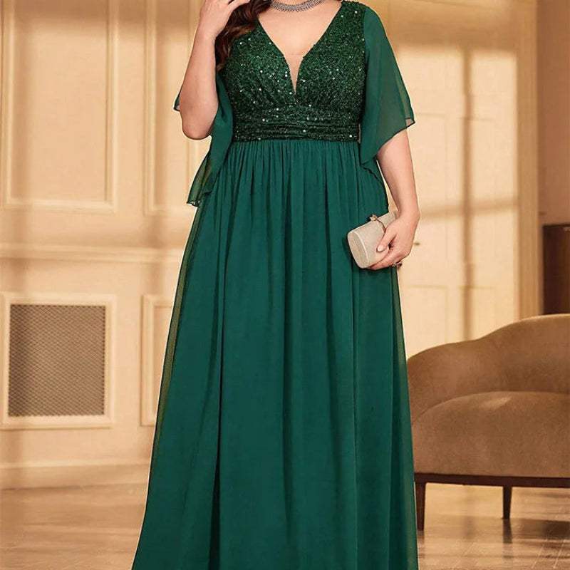 Plus size chiffon V-neck sequin evening dress in dark green, sequin bodice, flowing skirt