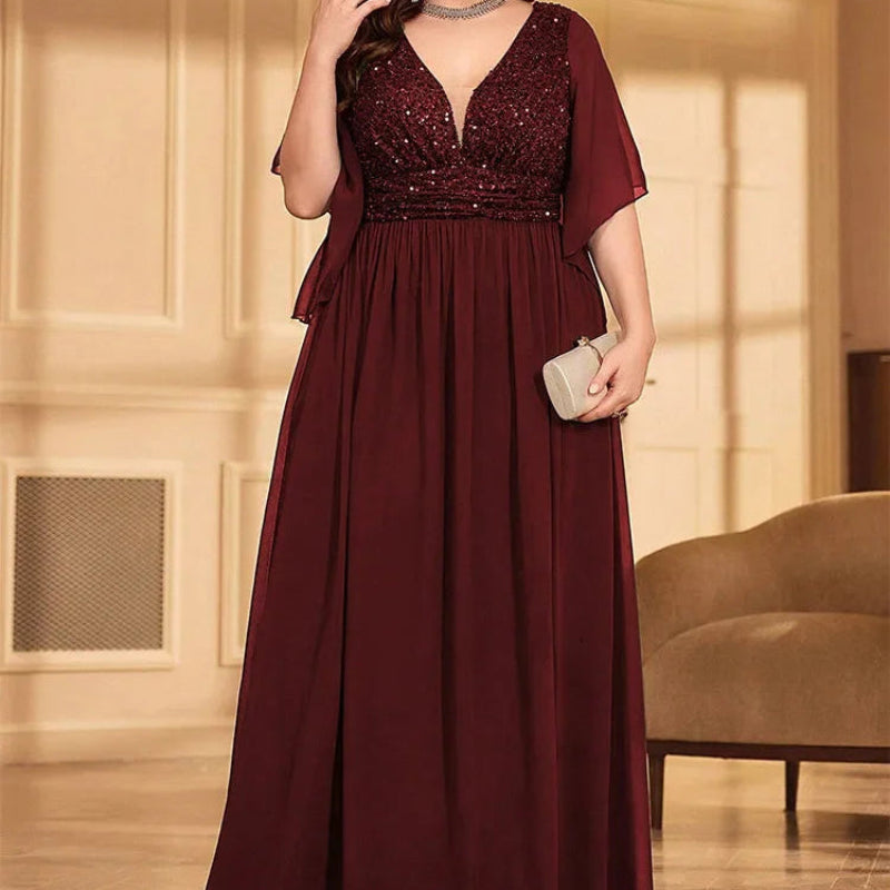 Plus size chiffon V-neck sequin evening dress in burgundy, sequin V-neck bodice, pleats