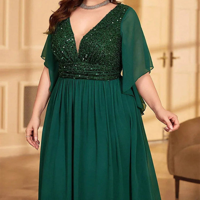 Plus size chiffon V-neck sequin evening dress in dark green, sequin bodice, flutter sleeves