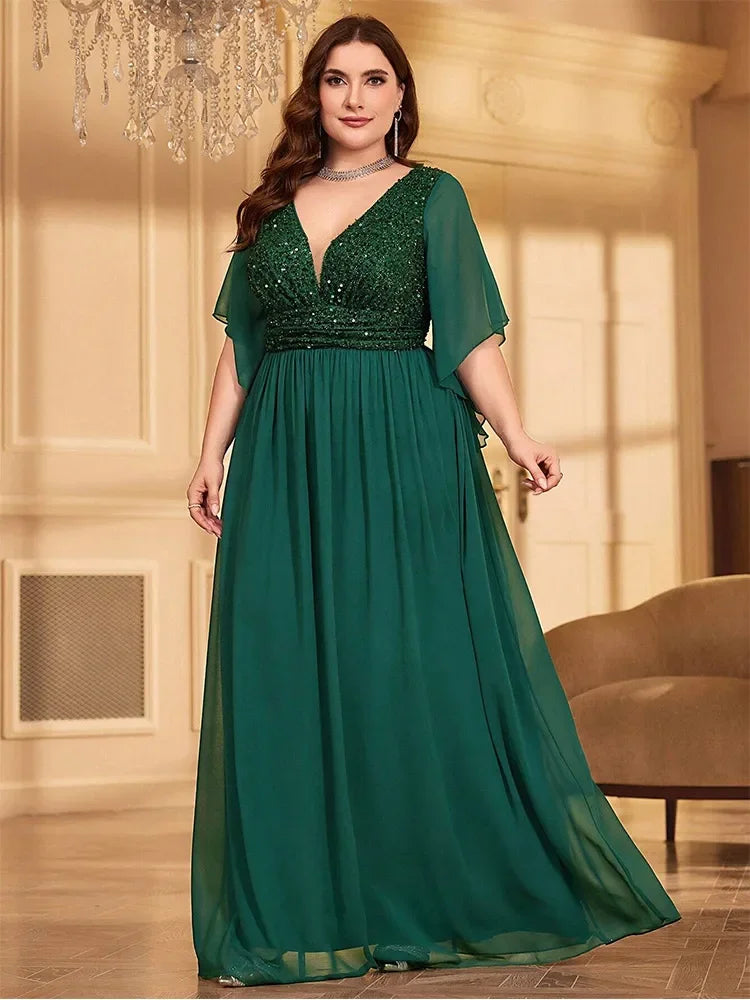 Plus size chiffon V-neck sequin evening dress in dark green, flutter sleeves, pleated skirt
