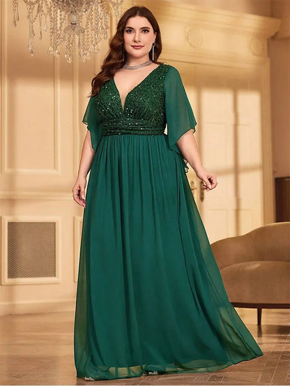 Plus size chiffon V-neck sequin evening dress in dark green, flutter sleeves, pleated skirt