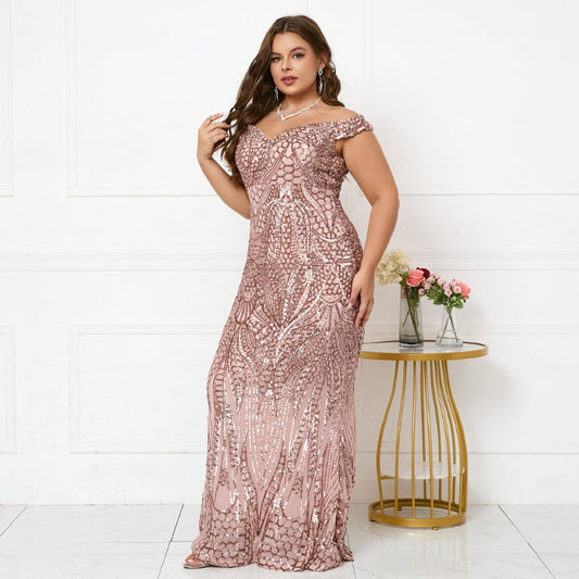 Plus Size Pink Sequin Maxi Evening Dress-Formal Elegance