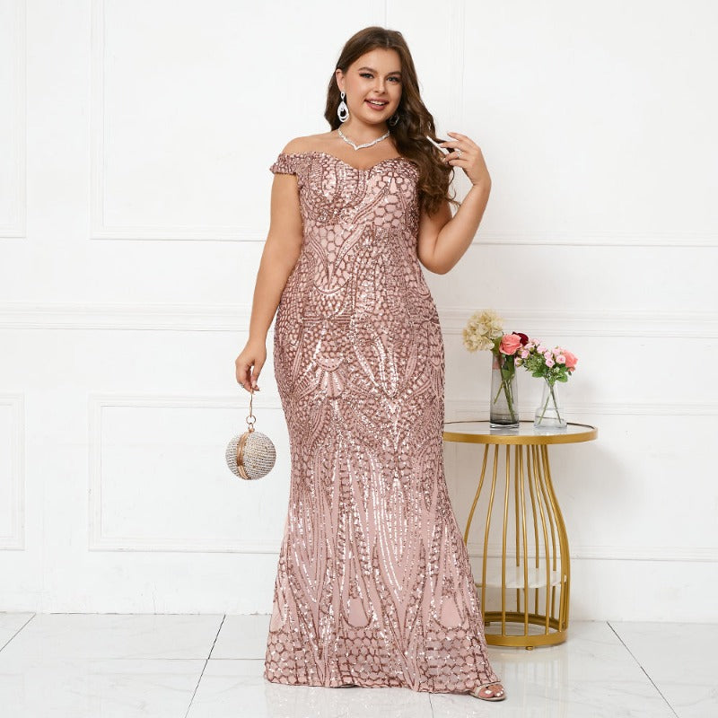 off the shoulders pink sequin plus size evening formal gown