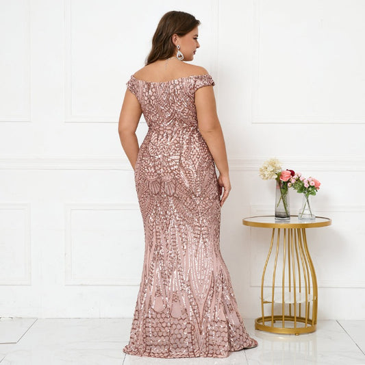Plus Size Pink Sequin Maxi Evening Dress with zipper back
