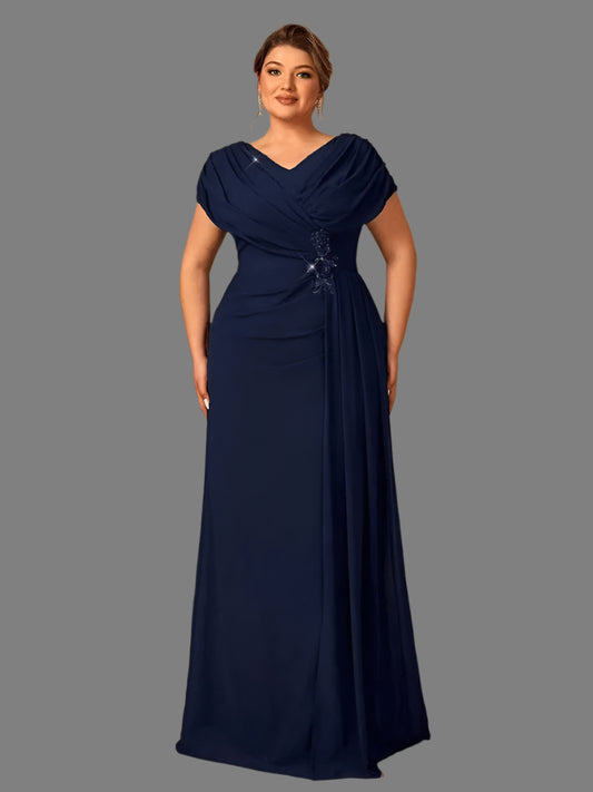 Elegant navy chiffon v neck formal evening dress. Suits mother of the bride or wedding guests available in all sizes and colours 
