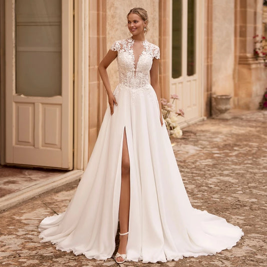 plus size chiffon wedding dress with lace cap sleeve-Formal Elegance
