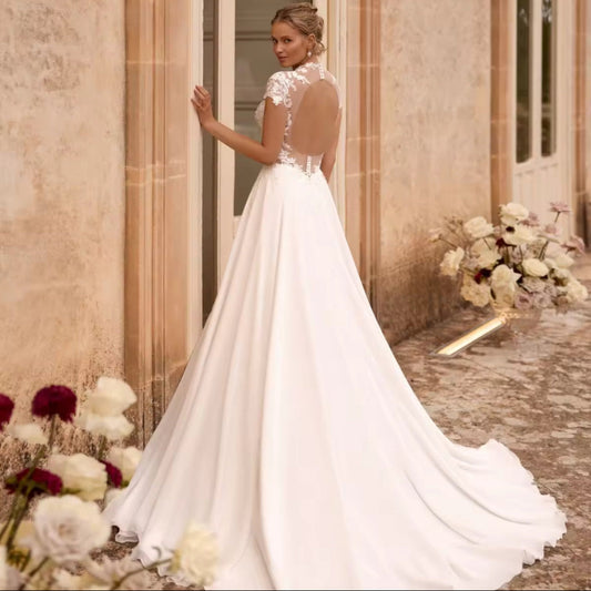 plus size chiffon wedding dress with open back and sweep train-Formal Elegance 