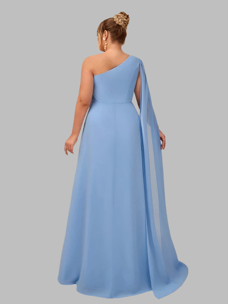 plus size blue chiffon one shoulder wedding guest evening dress