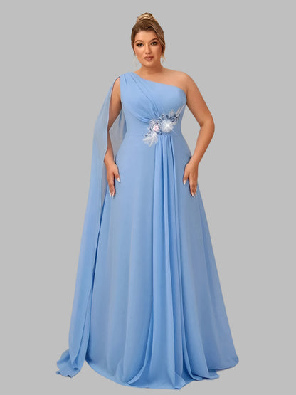 Plus size one shoulder blue chiffon with appliqué flower embellishment at the waist. Perfect mother of the bride, evening and formal events dress sizes 14-24