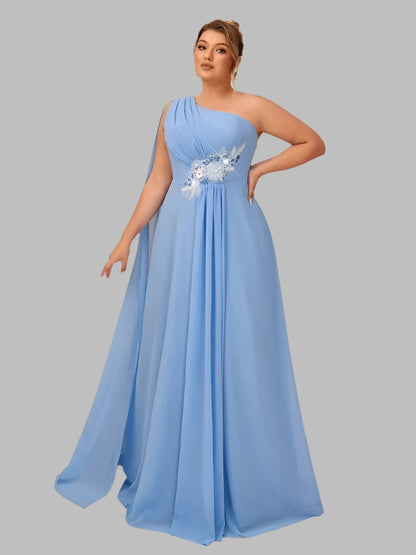 Plus Size One Shoulder Blue Chiffon Evening Dress