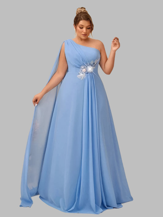 sky blue one shoulder chiffon floor length plus size evening dress or mother of the bride dress 