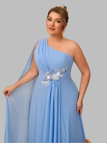 Plus Size One Shoulder Blue Chiffon Evening Dress
