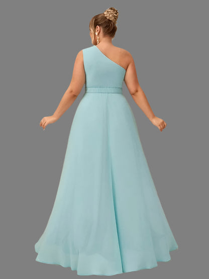 Plus Size One Shoulder Mint Chiffon Evening Dress