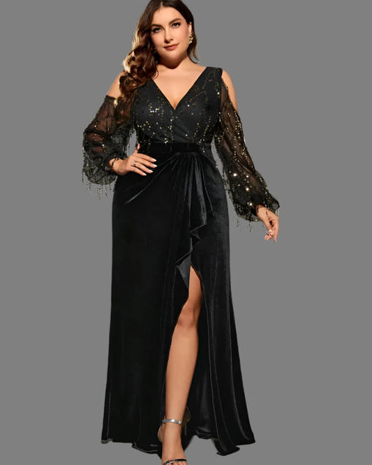 black plus size velvet and sequin maxi party dress-Formal Elegance 