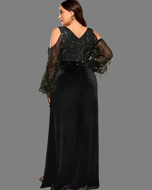black plus size velvet long evening party dress