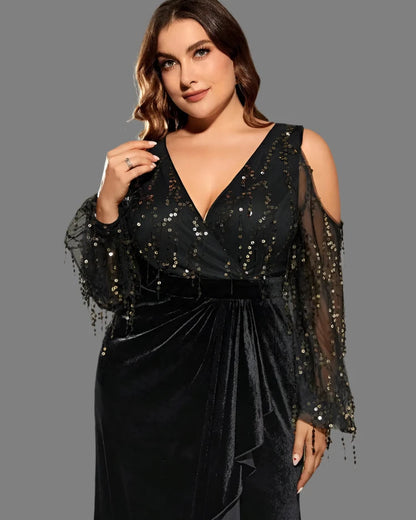 Black sequin velvet maxi dress with V-neck, gathered waist tie, and long skirt with side drape