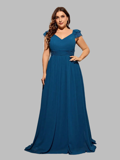 Blue A-line V-neck chiffon dress with ruffled sleeves and flowing pleated skirt