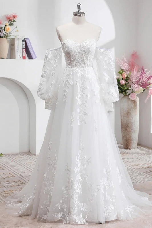 Princess Tulle Lace Off Shoulder Puff Sleeves Formal Dress