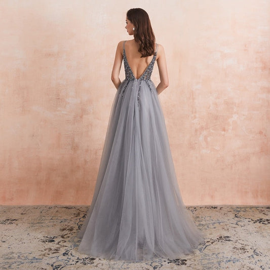 open back sequin tulle prom party gown-formal elegance