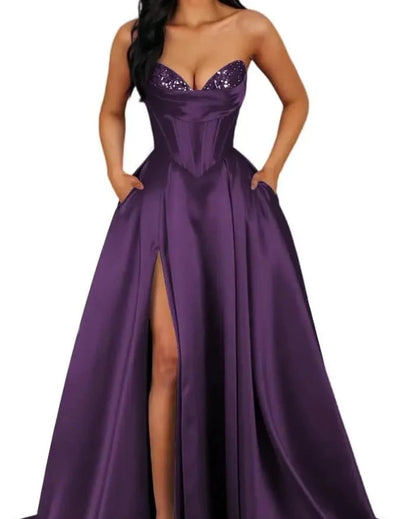 Strapless A-line satin dress with sequin bust and front slit, dark purple.
