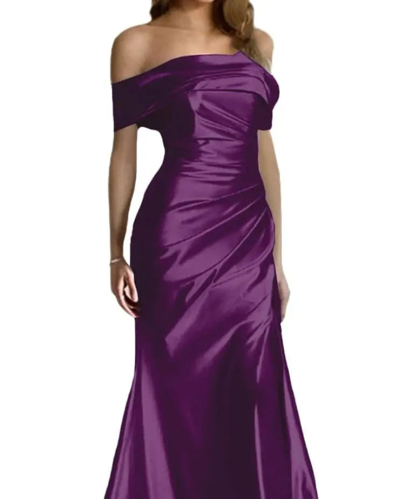 Purple off-shoulder satin mermaid formal dress with draped bodice and long fitted skirt